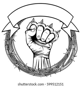 Vector illustration barbed wire and hand with brass knuckle. For tattoo or t-shirt design.