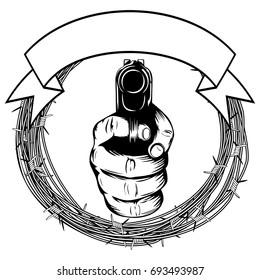 Vector illustration barbed wire and hand with pistol. For tattoo or t-shirt design.