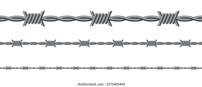 Vector illustration of barbed wire isolated on white background. Twisted barbwire seamless background. Security fence pattern. 