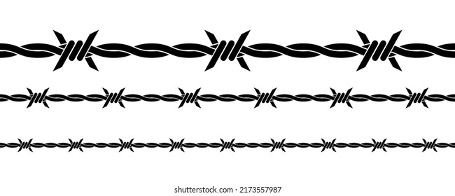 Vector illustration of barbed wire isolated on white background. Twisted barbwire seamless background. Security fence pattern. 