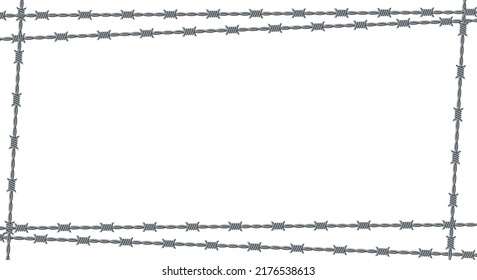 Vector illustration of barbed wire isolated on white background. Rectangular shape frame from twisted barbwire. Security fence backdrop. 
