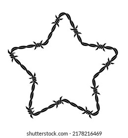 Vector illustration of barbed wire star isolated on white background. Star shape frame from twisted barbwire. Security fence sign. 