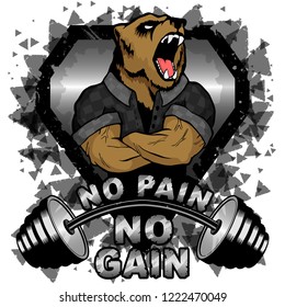 Vector illustration barbell and strong bear. No pain - no gain inspirational lettering.