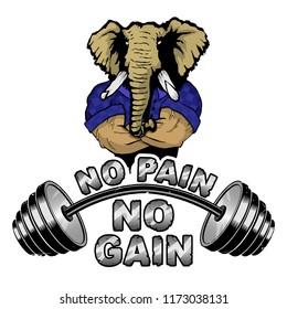 Vector illustration barbell and strong elephant. "No pain - no gain" inspirational lettering.