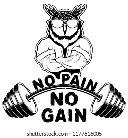 Vector illustration barbell and strong owl. "No pain - no gain" inspirational lettering.