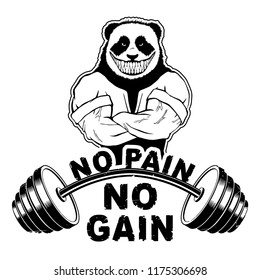 Vector illustration barbell and strong panda. "No pain - no gain" inspirational lettering.
