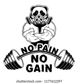 Vector illustration barbell and strong panda. "No pain - no gain" inspirational lettering.
