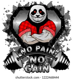 Vector illustration barbell and strong panda. No pain - no gain inspirational lettering.