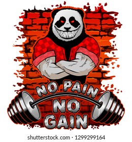 Vector illustration of a barbell and a strong panda on a brick wall background. No pain No gain