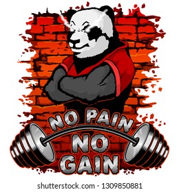 Vector illustration of a barbell and a strong panda on a brick wall background. No pain No gain