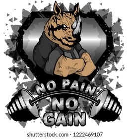Vector illustration barbell and strong rhinoceros. No pain - no gain inspirational lettering.