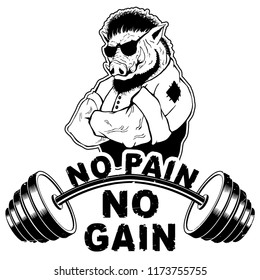 Vector illustration barbell and strong wild boar. "No pain - no gain" inspirational lettering.