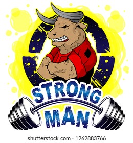Vector illustration barbell and strong wild bull. T-shirt print.