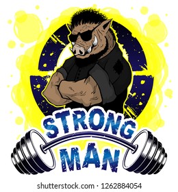 Vector illustration barbell and strong wild boar. T-shirt print.