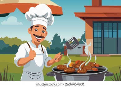 Uma ilustração vetorial de churrasco Chef Grilling Steak
