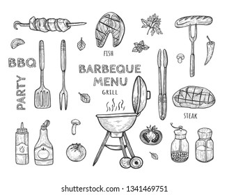 Vector illustration of the barbeque objects set. Tools, grill, sauces, meat, fish, spices. Hand drawn doodle style.