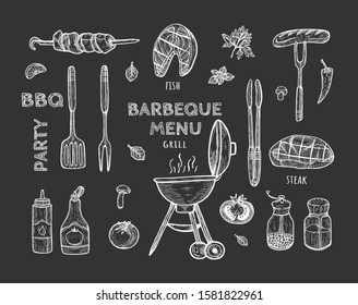 Vector illustration of the barbeque objects set. Tools, grill, sauces, meat, fish, spices. Hand drawn doodle style.