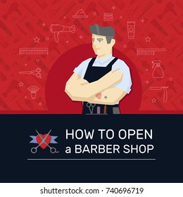 Vector illustration of barber with arms crossed on banner.