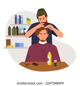 Vector illustration of barber. Cartoon scene with hairdresser who takes a man hair, styling his hair, trimming his beard on white background.