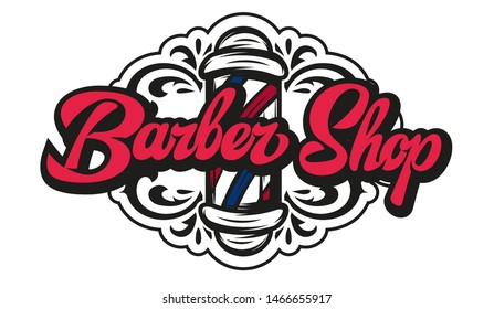 Vector illustration with barber pole and calligraphic inscription.