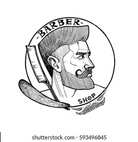 Vector illustration of barber shop emblem with handsome man with beard, sideburns, moustaches and straight razor. Vintage hand-drawn style.