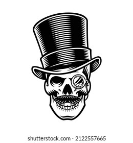 Vector illustration barber skull with top hat and monocle