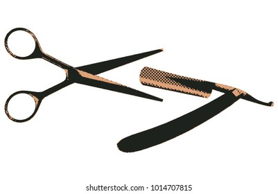 A vector illustration of barber tools(scissors and a straight razor) in two colors(dark  brown  and tan) half toned. 