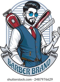 Vector Illustration of Barberman with Clipper and Razor Blade in Vintage Illustration Available for Barber Badge