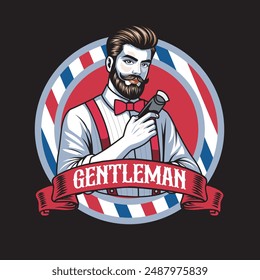 Vector Illustration of Barberman Holding Clipper in Vintage Illustration Available for Barber Badge