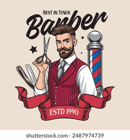 Vector Illustration of Barberman Holding Scissors with Razor Blade Barber's Pole in Vintage Illustration Available for Barber Badge