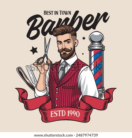 Vector Illustration of Barberman Holding Scissors with Razor Blade Barber's Pole in Vintage Illustration Available for Barber Badge