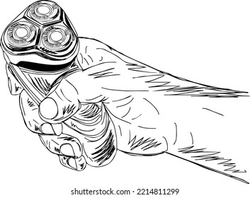 Vector illustration of barber's hand holding an electric razor; sketch drawing of hand holding an electric razor; barber's tools silhouette; electric razor clip art and symbol