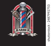 Vector Illustration of Barber's Pole, Clipper and Razor Blade with  Vintage Illustration Available for Barber Badge