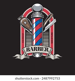 Vector Illustration of Barber's Pole, Clipper and Razor Blade with  Vintage Illustration Available for Barber Badge