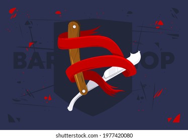 Vector illustration of barber's straight razor with red ribbon