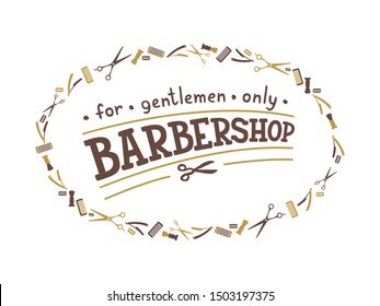 Vector illustration of barbershop lettering for banner, leaflet, poster, clothes, logo, advertisement design. Handwritten text for template, signage, billboard, printing, price list of the barber’s