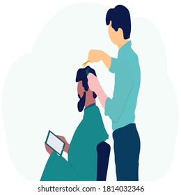 Vector illustration. Barbershop. Man in a barber chair, hairdresser styling hair.