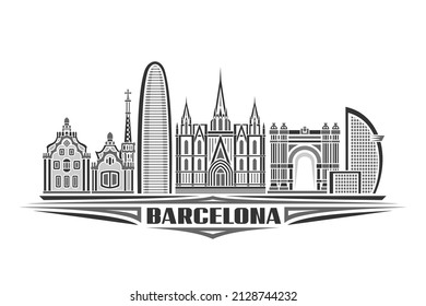 Ilustración vectorial de Barcelona, afiche horizontal monocromo con diseño lineal paisaje urbano barcelona, concepto de arte de línea urbana con letras decorativas para la palabra negra barcelona sobre fondo blanco