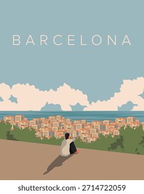 Ilustración vectorial. Barcelona, ​ ​poster de viaje, postal, portada. Diseño moderno. Vista de la ciudad.