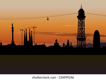 Vector illustration of Barcelona skyline silhouette with sunset sky