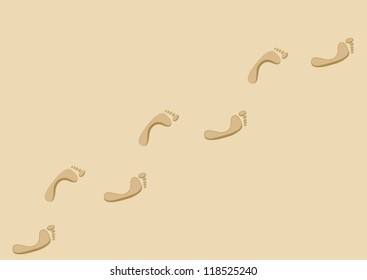 vector illustration of bare feet marks in the sand, in a diagonal direction