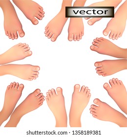 Vector illustration of bare feet standing around surrounded by people on the beach, foot and toes top view  isolated on white background