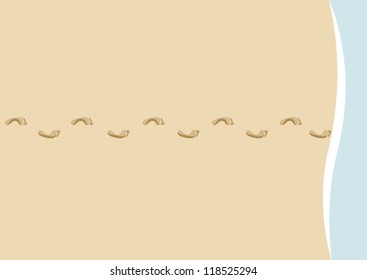 vector illustration of bare footprints on the beach, heading to the blue sea