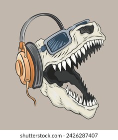 Vector illustration, in bare lines, of a Tyrannosaurus Rex head fossil with sunglasses and headphones. Cartoon style art.