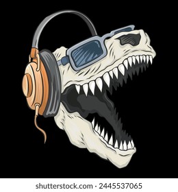 Vector illustration, in bare lines, of a Tyrannosaurus Rex head fossil with sunglasses and headphones. Cartoon style art.