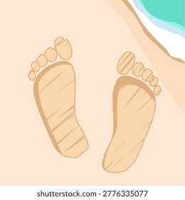 Vector illustration of barefoot footprints over sand with a beach background