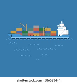 vector illustration barge cargo ship transporting containers floating on the sea.