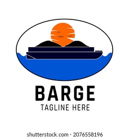 Vector illustration of a barge loading coal, sailing on the blue sea on a sunset background.