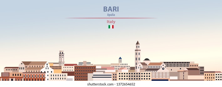 Vector illustration of Bari city skyline on colorful gradient beautiful day sky background with flag of Italy