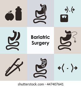 vector illustration / bariatric surgery icons set including gastric bypass balloon band sleeve gastrectomy and caliper